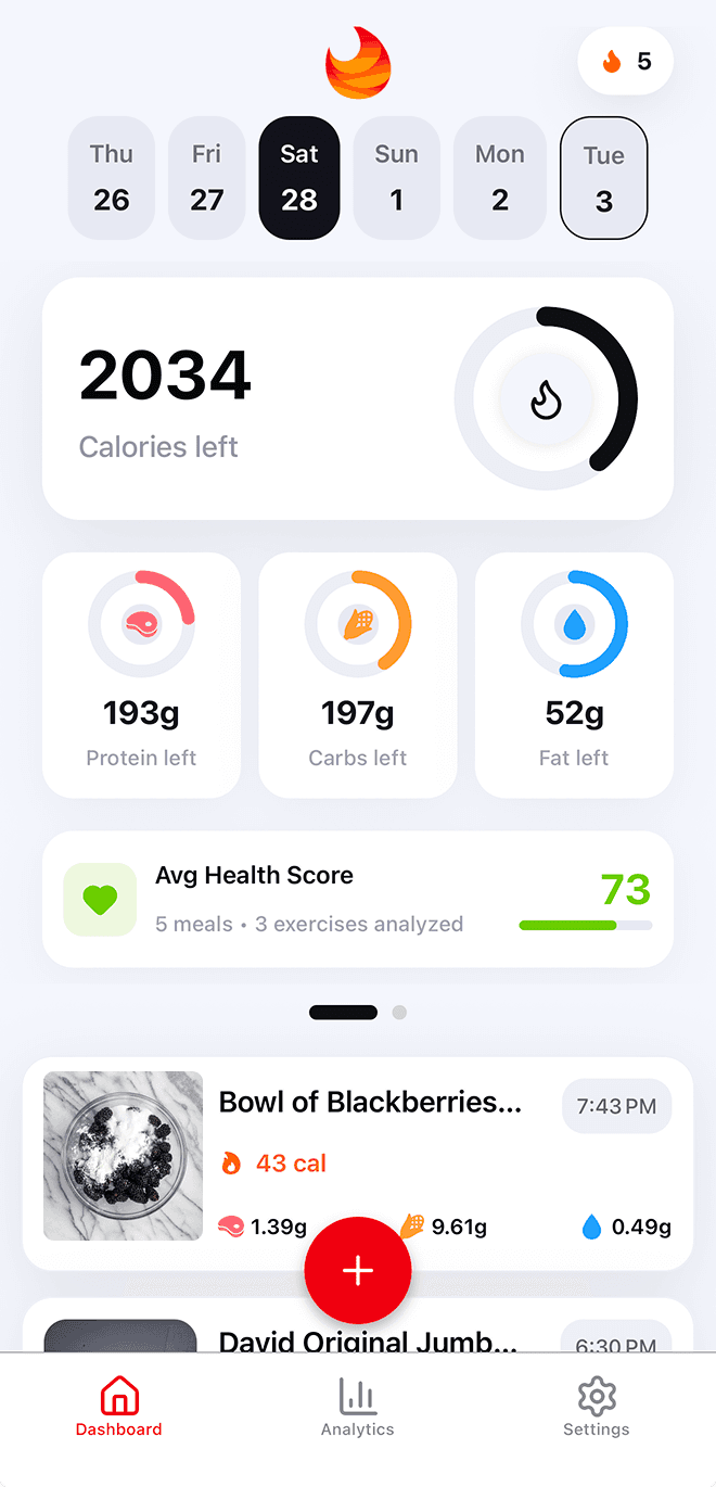 Burn mobile dashboard showing calorie and macro goals, health score, and a logged meal