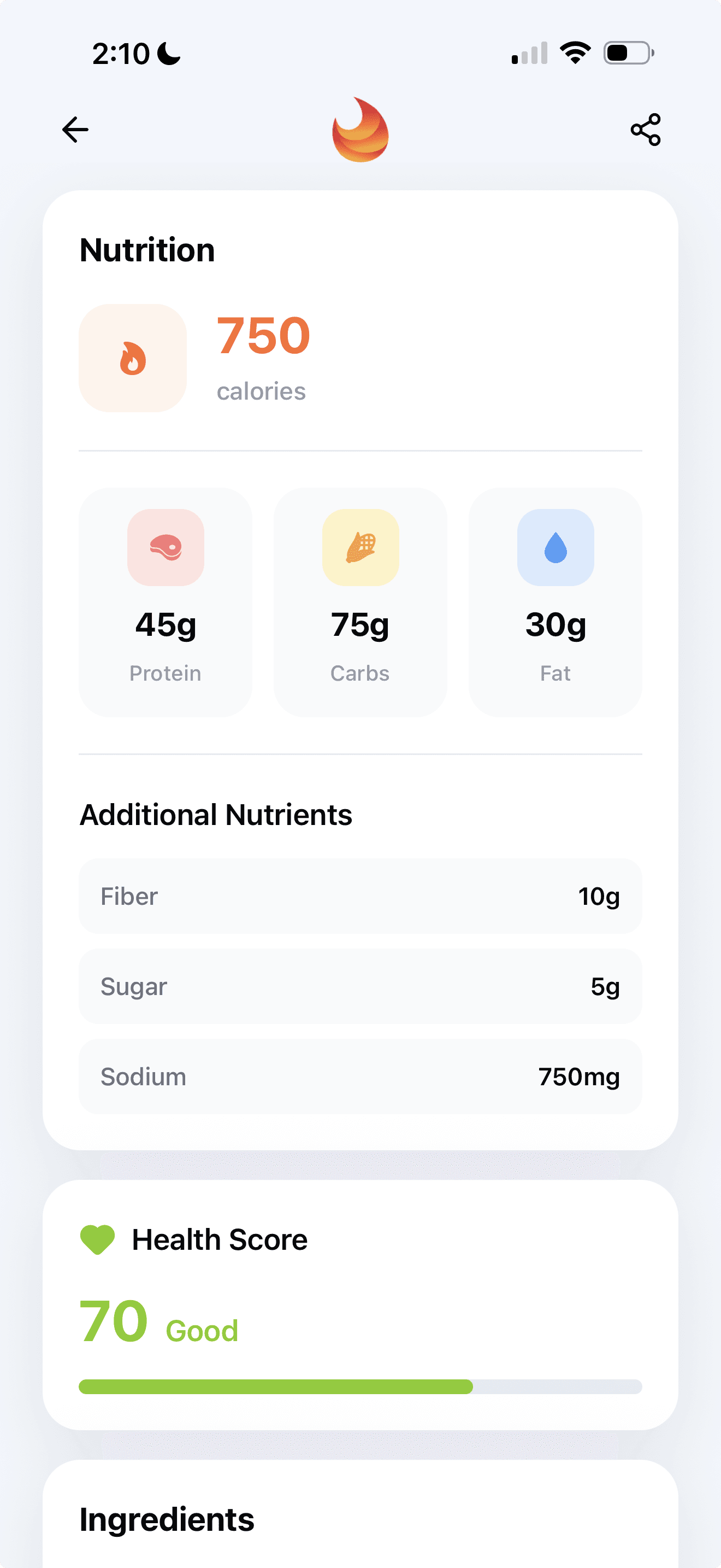Burn meal details showing calories, macros, fiber, sugar, sodium, and health score