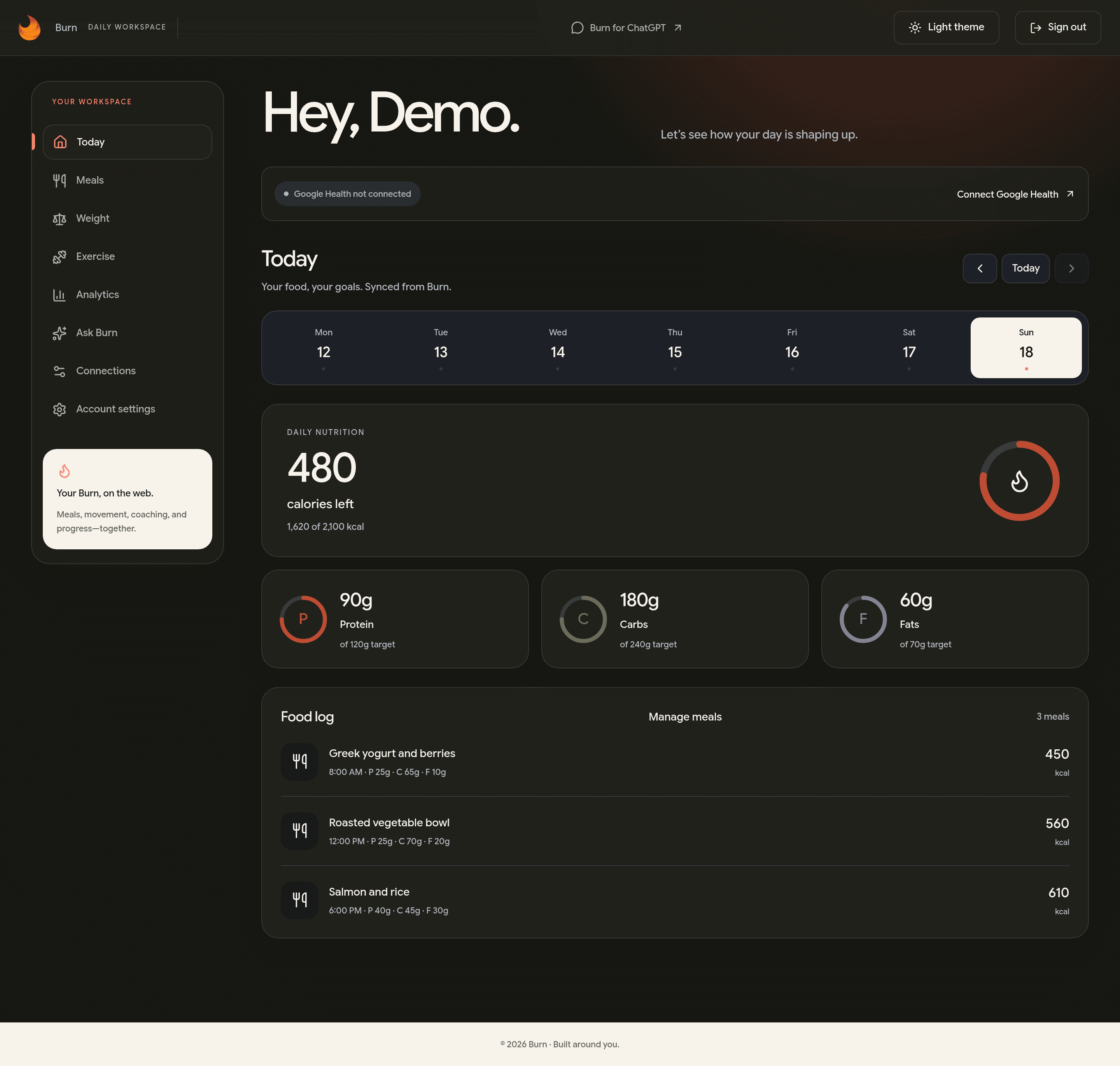 Burn web dashboard in dark mode showing daily nutrition, macro goals, meals, and navigation with synthetic demo data